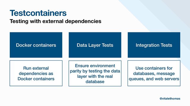 Testcontainers
Testing with external dependencies
Docker containers
Run external
dependencies as


Docker containers
Data Layer Tests
Ensure environment
parity by testing the data
layer with the real
database
Integration Tests
Use containers for
databases, message
queues, and web servers
@vitalethomas
