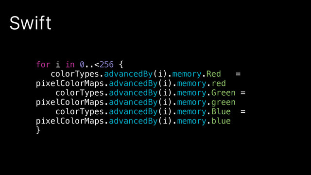 Swift
for i in 0..<256 {
colorTypes.advancedBy(i).memory.Red =
pixelColorMaps.advancedBy(i).memory.red
colorTypes.advancedBy(i).memory.Green =
pixelColorMaps.advancedBy(i).memory.green
colorTypes.advancedBy(i).memory.Blue =
pixelColorMaps.advancedBy(i).memory.blue
}
