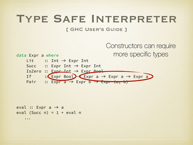 Type Safe Interpreter
[ GHC User’s Guide ]
data Expr a where
Lit :: Int -> Expr Int
Succ :: Expr Int -> Expr Int
IsZero :: Expr Int -> Expr Bool
If :: Expr Bool -> Expr a -> Expr a -> Expr a
Pair :: Expr a -> Expr b -> Expr (a, b)
eval :: Expr a -> a
eval (Succ n) = 1 + eval n
...
Constructors can require
more speciﬁc types
