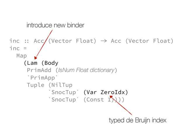 inc =
Map
(Lam (Body
PrimAdd (IsNum Float dictionary)
`PrimApp`
Tuple (NilTup
`SnocTup` (Var ZeroIdx)
`SnocTup` (Const 1))))
inc :: Acc (Vector Float) -> Acc (Vector Float)
introduce new binder
typed de Bruĳn index
