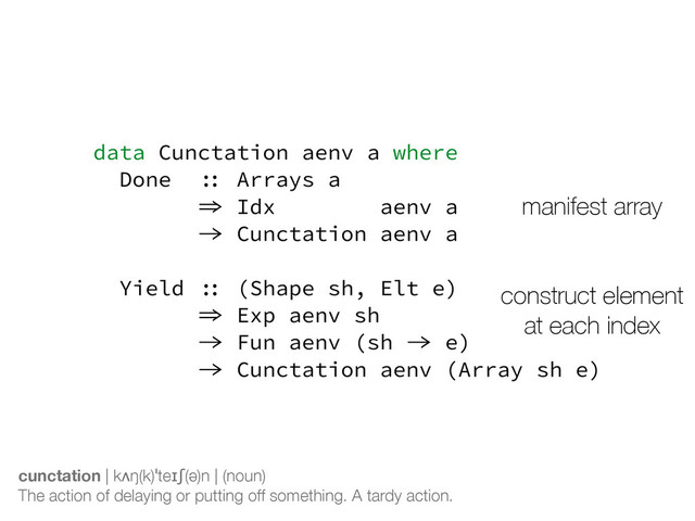 data Cunctation aenv a where
Done :: Arrays a
=> Idx aenv a
-> Cunctation aenv a
Yield :: (Shape sh, Elt e)
=> Exp aenv sh
-> Fun aenv (sh -> e)
-> Cunctation aenv (Array sh e)
cunctation | kʌŋ(k)ˈteɪʃ(ə)n | (noun)
The action of delaying or putting off something. A tardy action.
construct element
at each index
manifest array
