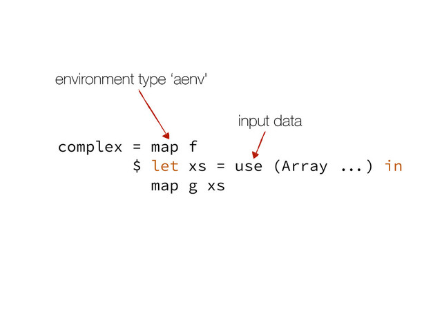 complex = map f
$ let xs = use (Array ...) in
map g xs
environment type ‘aenv'
input data
