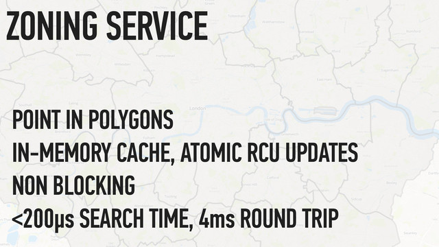 POINT IN POLYGONS
IN-MEMORY CACHE, ATOMIC RCU UPDATES
NON BLOCKING
<200µs SEARCH TIME, 4ms ROUND TRIP
ZONING SERVICE
