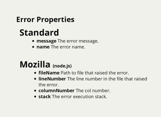 Error Properties
Error Properties
Standard
Standard
message The error message.
name The error name.
Mozilla
Mozilla (node.js)
(node.js)
ﬁleName Path to ﬁle that raised the error.
lineNumber The line number in the ﬁle that raised
the error.
columnNumber The col number.
stack The error execution stack.
