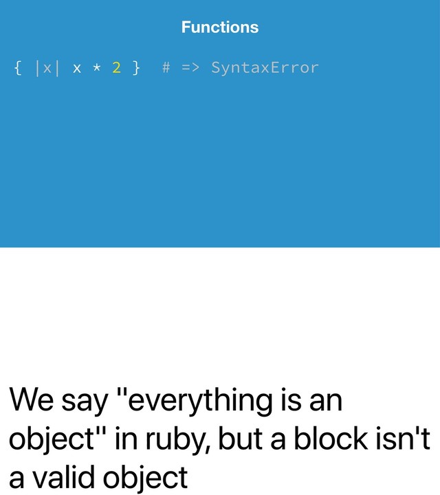 We say "everything is an
object" in ruby, but a block isn't
a valid object
Functions
{ |x| x * 2 } # => SyntaxError
