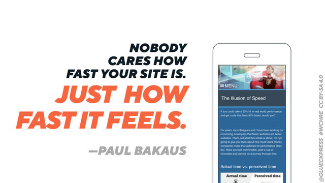 @GLUECKPRESS #WCHRE CC BY-SA 4.0
—PAUL BAKAUS
NOBODY
CARES HOW
FAST YOUR SITE IS.
JUST HOW
FAST IT FEELS.
