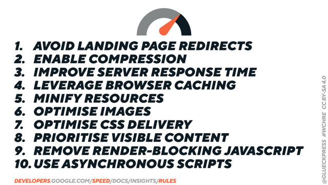 @GLUECKPRESS #WCHRE CC BY-SA 4.0
1. AVOID LANDING PAGE REDIRECTS
2. ENABLE COMPRESSION
3. IMPROVE SERVER RESPONSE TIME
4. LEVERAGE BROWSER CACHING
5. MINIFY RESOURCES
6. OPTIMISE IMAGES
7. OPTIMISE CSS DELIVERY
8. PRIORITISE VISIBLE CONTENT
9. REMOVE RENDER-BLOCKING JAVASCRIPT
10.USE ASYNCHRONOUS SCRIPTS
DEVELOPERS.GOOGLE.COM/SPEED/DOCS/INSIGHTS/RULES
