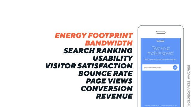 @GLUECKPRESS #WCHRE CC BY-SA 4.0
@GLUECKPRESS #WCHRE
ENERGY FOOTPRINT
BANDWIDTH
SEARCH RANKING
USABILITY
VISITOR SATISFACTION
BOUNCE RATE
PAGE VIEWS
CONVERSION
REVENUE
