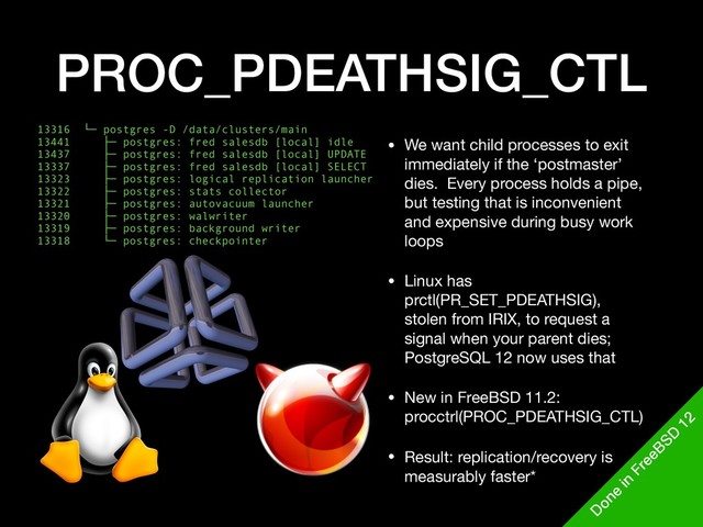 PROC_PDEATHSIG_CTL
• We want child processes to exit
immediately if the ‘postmaster’
dies. Every process holds a pipe,
but testing that is inconvenient
and expensive during busy work
loops

• Linux has
prctl(PR_SET_PDEATHSIG),
stolen from IRIX, to request a
signal when your parent dies;
PostgreSQL 12 now uses that

• New in FreeBSD 11.2:
procctrl(PROC_PDEATHSIG_CTL)

• Result: replication/recovery is
measurably faster*
13316 └─ postgres -D /data/clusters/main
13441 ├─ postgres: fred salesdb [local] idle
13437 ├─ postgres: fred salesdb [local] UPDATE
13337 ├─ postgres: fred salesdb [local] SELECT
13323 ├─ postgres: logical replication launcher 
13322 ├─ postgres: stats collector
13321 ├─ postgres: autovacuum launcher
13320 ├─ postgres: walwriter
13319 ├─ postgres: background writer
13318 └─ postgres: checkpointer
D
one
in
FreeBSD
12
