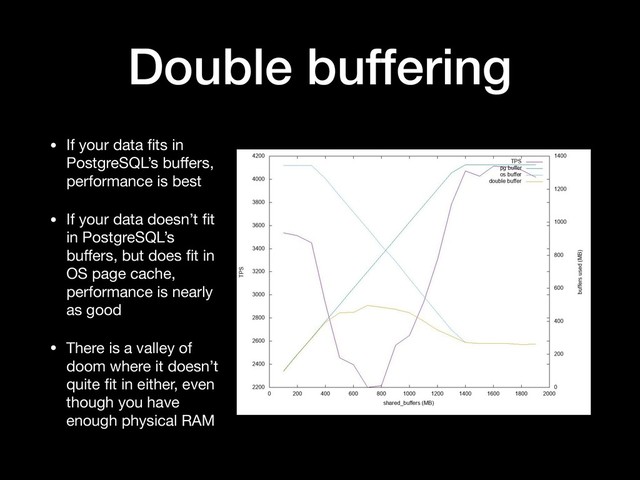 Double buffering
• If your data ﬁts in
PostgreSQL’s buﬀers,
performance is best

• If your data doesn’t ﬁt
in PostgreSQL’s
buﬀers, but does ﬁt in
OS page cache,
performance is nearly
as good

• There is a valley of
doom where it doesn’t
quite ﬁt in either, even
though you have
enough physical RAM
