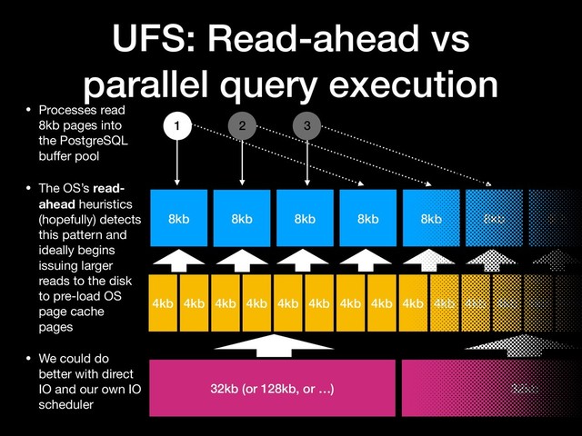 UFS: Read-ahead vs
parallel query execution
8kb 8kb 8kb 8kb
4kb
2 3
8kb 8kb
1
8kb
32kb (or 128kb, or …) 32kb
• Processes read
8kb pages into
the PostgreSQL
buﬀer pool

• The OS’s read-
ahead heuristics
(hopefully) detects
this pattern and
ideally begins
issuing larger
reads to the disk
to pre-load OS
page cache
pages

• We could do
better with direct
IO and our own IO
scheduler
4kb 4kb 4kb 4kb 4kb 4kb 4kb 4kb 4kb 4kb 4kb 4kb 4kb
