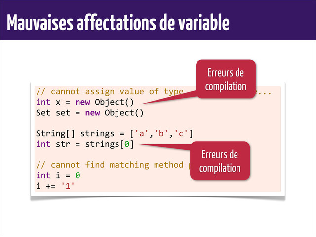 Mauvaises affectations de variable
//	  cannot	  assign	  value	  of	  type...	  to	  variable...
int	  x	  =	  new	  Object()
Set	  set	  =	  new	  Object()
	  
String[]	  strings	  =	  ['a','b','c']
int	  str	  =	  strings[0]
	  
//	  cannot	  find	  matching	  method	  plus()
int	  i	  =	  0
i	  +=	  '1'
Erreurs de
compilation
Erreurs de
compilation
