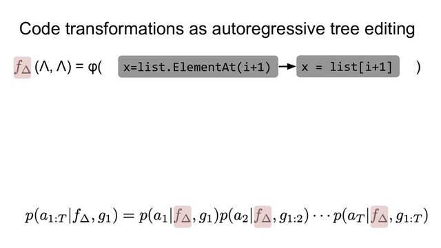 Code transformations as autoregressive tree editing
(Λ, Λ) = φ( )
x=list.ElementAt(i+1) x = list[i+1]
