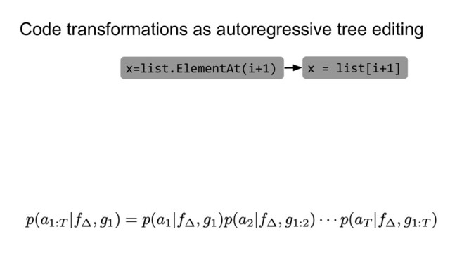 Code transformations as autoregressive tree editing
x=list.ElementAt(i+1) x = list[i+1]
