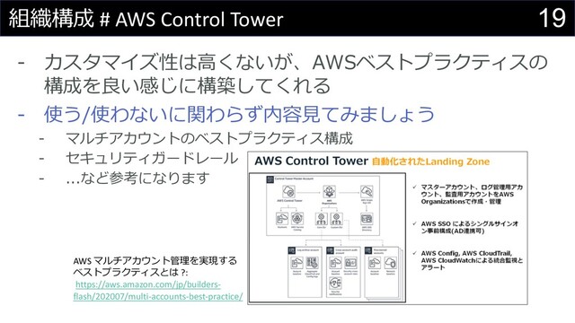 19
組織構成 # AWS Control Tower
- カスタマイズ性は⾼くないが、AWSベストプラクティスの
構成を良い感じに構築してくれる
- 使う/使わないに関わらず内容⾒てみましょう
- マルチアカウントのベストプラクティス構成
- セキュリティガードレール
- ...など参考になります
AWS マルチアカウント管理を実現する
ベストプラクティスとは ?:
https://aws.amazon.com/jp/builders-
flash/202007/multi-accounts-best-practice/
