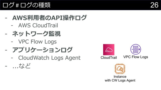 26
ログ # ログの種類
- AWS利⽤者のAPI操作ログ
- AWS CloudTrail
- ネットワーク監視
- VPC Flow Logs
- アプリケーションログ
- CloudWatch Logs Agent
- ...など
