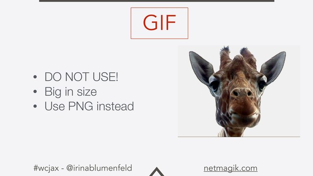 #wcjax - @irinablumenfeld netmagik.com
• DO NOT USE!
• Big in size
• Use PNG instead
GIF
