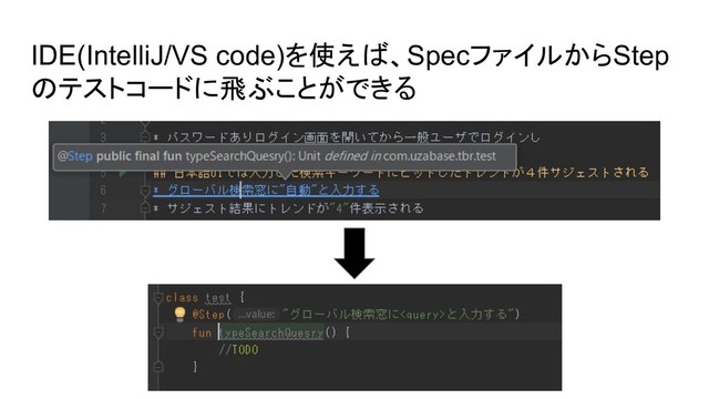 IDE(IntelliJ/VS code)を使えば、SpecファイルからStep
のテストコードに飛ぶことができる
