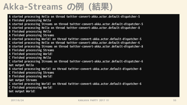 Akka-Streams の例 (結果)
2017/6/24 KANJAVA PARTY 2017 !!! 55
A started processing Hello on thread twitter-convert-akka.actor.default-dispatcher-5
A finished processing Hello
A started processing Streams on thread twitter-convert-akka.actor.default-dispatcher-5
B started processing Hello on thread twitter-convert-akka.actor.default-dispatcher-8
B finished processing Hello
A finished processing Streams
A started processing World! on thread twitter-convert-akka.actor.default-dispatcher-5
C started processing Hello on thread twitter-convert-akka.actor.default-dispatcher-6
B started processing Streams on thread twitter-convert-akka.actor.default-dispatcher-8
B finished processing Streams
A finished processing World!
C finished processing Hello
C started processing Streams on thread twitter-convert-akka.actor.default-dispatcher-6
Got output Hello
B started processing World! on thread twitter-convert-akka.actor.default-dispatcher-8
C finished processing Streams
B finished processing World!
Got output Streams
C started processing World! on thread twitter-convert-akka.actor.default-dispatcher-6
C finished processing World!
Got output World!
