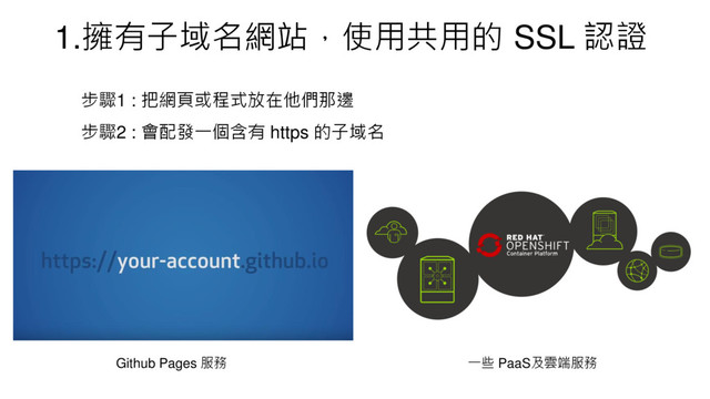 1.擁有子域名網站，使用共用的 SSL 認證
Github Pages 服務 一些 PaaS及雲端服務
步驟1 : 把網頁或程式放在他們那邊
步驟2 : 會配發一個含有 https 的子域名
