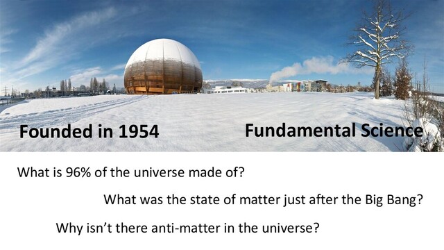 Founded in 1954
What is 96% of the universe made of?
Fundamental Science
Why isn’t there anti-matter in the universe?
What was the state of matter just after the Big Bang?
