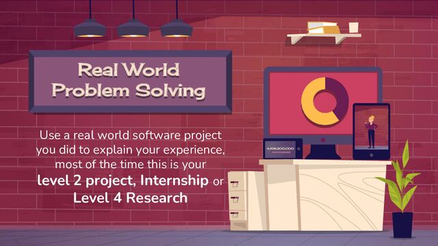 Real World
Problem Solving
Use a real world software project
you did to explain your experience,
most of the time this is your
level 2 project, Internship or
Level 4 Research
