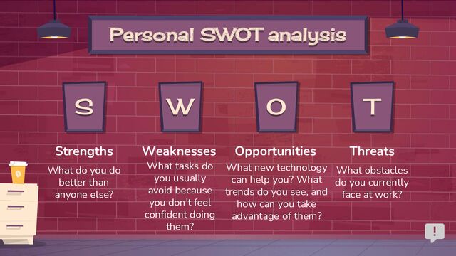 Personal SWOT analysis
Strengths
What do you do
better than
anyone else?
Weaknesses
What tasks do
you usually
avoid because
you don't feel
confident doing
them?
Opportunities
What new technology
can help you? What
trends do you see, and
how can you take
advantage of them?
Threats
What obstacles
do you currently
face at work?
S W O T
