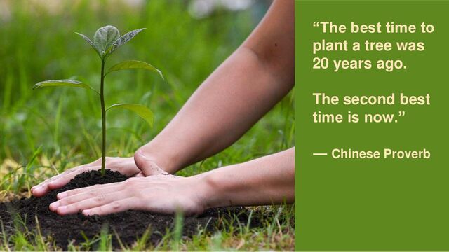 “The best time to
plant a tree was
20 years ago.
The second best
time is now.”
― Chinese Proverb
