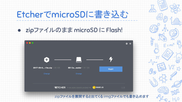 EtcherでmicroSDに書き込む
● zipファイルのまま microSD に Flash!
zipファイルを展開すると出てくる imgファイルでも書き込めます

