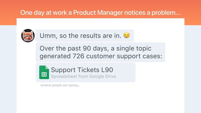 Umm, so the results are in. !
Support Tickets L90
Spreadsheet from Google Drive
Over the past 90 days, a single topic
generated 726 customer support cases:
One day at work a Product Manager notices a problem…
several people are typing…
