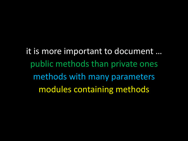 it is more important to document …
public methods than private ones
methods with many parameters
modules containing methods
