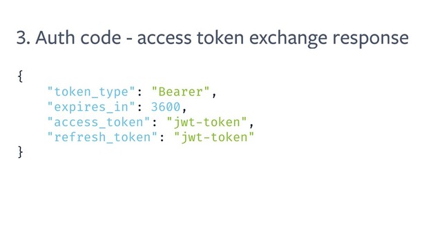 3. Auth code - access token exchange response
{
"token_type": "Bearer",
"expires_in": 3600,
"access_token": "jwt-token",
"refresh_token": "jwt-token"
}
