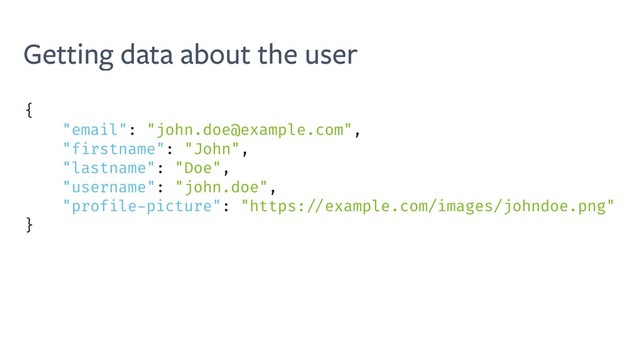 Getting data about the user
{
"email": "john.doe@example.com",
"firstname": "John",
"lastname": "Doe",
"username": "john.doe",
"profile-picture": "https: //example.com/images/johndoe.png"
}
