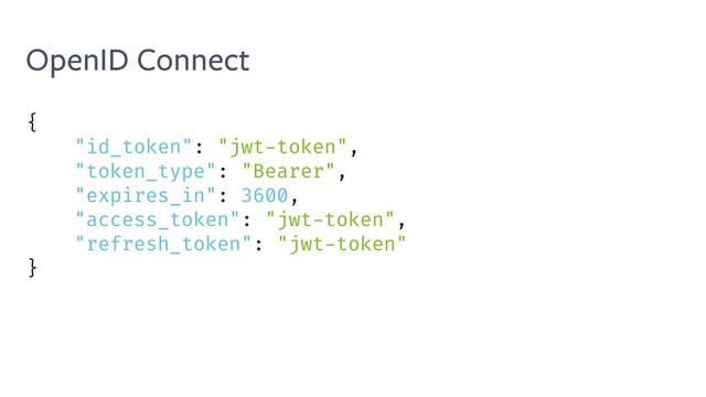 OpenID Connect
{
"id_token": "jwt-token",
"token_type": "Bearer",
"expires_in": 3600,
"access_token": "jwt-token",
"refresh_token": "jwt-token"
}
