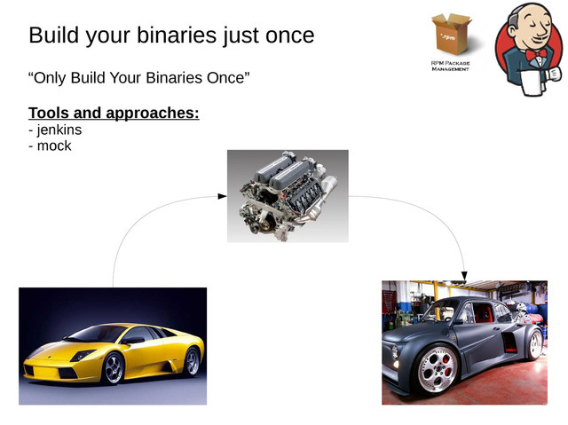 Build your binaries just once
Build your binaries just once
“Only Build Your Binaries Once”
Tools and approaches:
- jenkins
- mock
