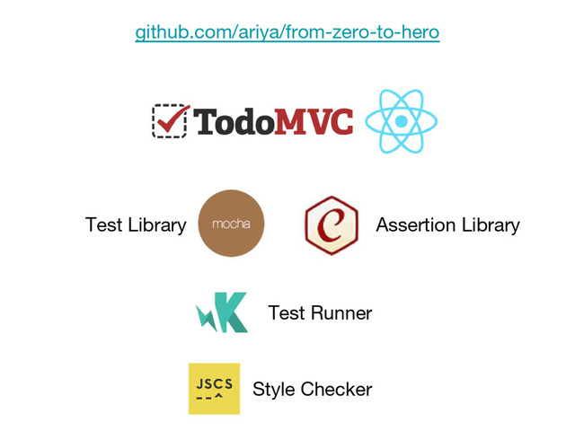 Test Runner
Test Library Assertion Library
Style Checker
github.com/ariya/from-zero-to-hero

