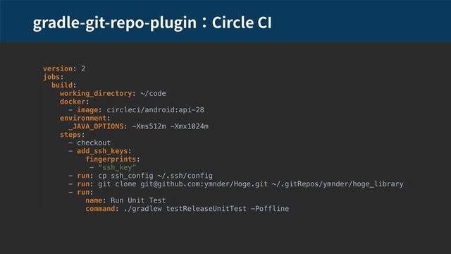 gradle-git-repo-plugin Circle CI
version: 2
jobs:
build:
working_directory: ~/code
docker:
- image: circleci/android:api-28
environment:
_JAVA_OPTIONS: -Xms512m -Xmx1024m
steps:
- checkout
- add_ssh_keys:
fingerprints:
- “ssh_key”
- run: cp ssh_config ~/.ssh/config
- run: git clone git@github.com:ymnder/Hoge.git ~/.gitRepos/ymnder/hoge_library
- run:
name: Run Unit Test
command: ./gradlew testReleaseUnitTest -Poffline
