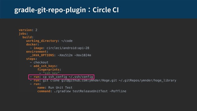 gradle-git-repo-plugin Circle CI
version: 2
jobs:
build:
working_directory: ~/code
docker:
- image: circleci/android:api-28
environment:
_JAVA_OPTIONS: -Xms512m -Xmx1024m
steps:
- checkout
- add_ssh_keys:
fingerprints:
- “ssh_key”
- run: cp ssh_config ~/.ssh/config
- run: git clone git@github.com:ymnder/Hoge.git ~/.gitRepos/ymnder/hoge_library
- run:
name: Run Unit Test
command: ./gradlew testReleaseUnitTest -Poffline
