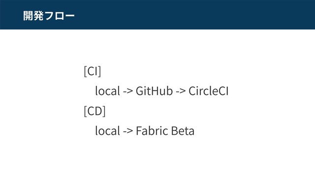[CI]
local -> GitHub -> CircleCI
[CD]
local -> Fabric Beta
