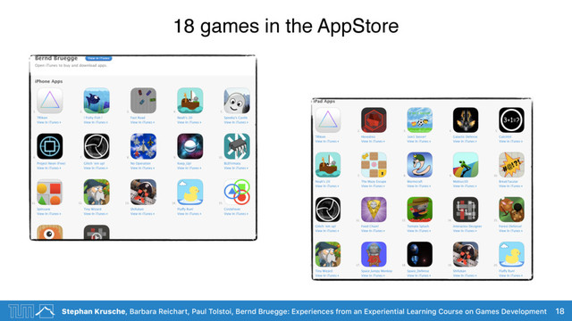 Stephan Krusche, Barbara Reichart, Paul Tolstoi, Bernd Bruegge: Experiences from an Experiential Learning Course on Games Development
18 games in the AppStore
18
