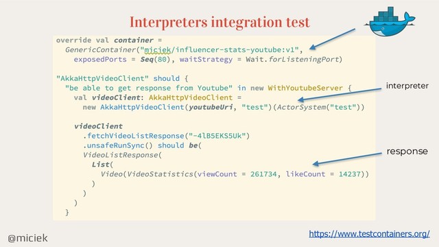 @miciek
Interpreters integration test
interpreter
response
https://www.testcontainers.org/
