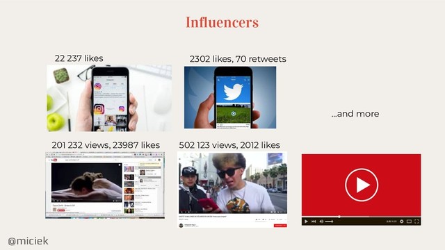 @miciek
Influencers
22 237 likes 2302 likes, 70 retweets
201 232 views, 23987 likes 502 123 views, 2012 likes
…and more
