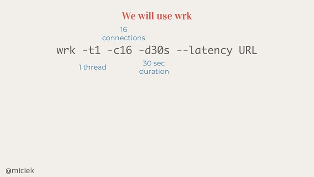 @miciek
wrk -t1 -c16 -d30s --latency URL
We will use wrk
1 thread
16
connections
30 sec
duration
