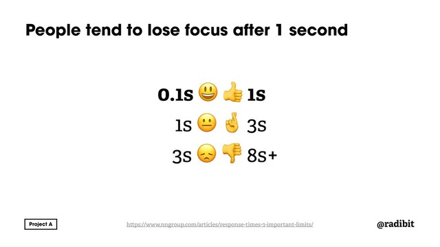@radibit
People tend to lose focus after 1 second
h ps://www.nngroup.com/articles/response-times-3-important-limits/
0.1s   1s
1s   3s
3s   8s+
