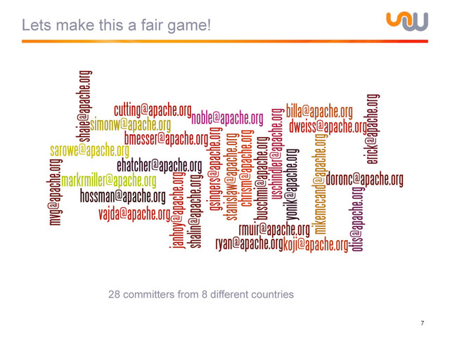 Lets make this a fair game!
7
28 committers from 8 different countries
