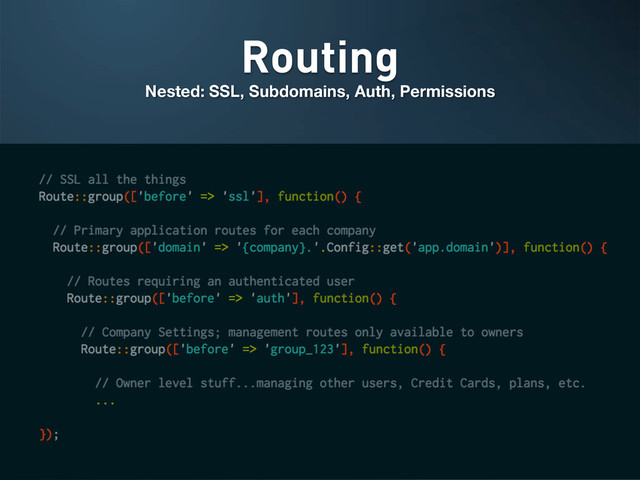 Routing
Nested: SSL, Subdomains, Auth, Permissions
