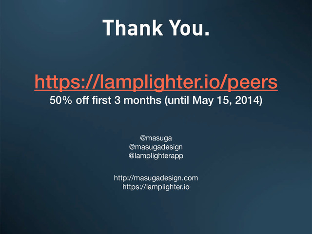 Thank You.
https://lamplighter.io/peers
50% off ﬁrst 3 months (until May 15, 2014)
@masuga
@masugadesign
@lamplighterapp
http://masugadesign.com
https://lamplighter.io

