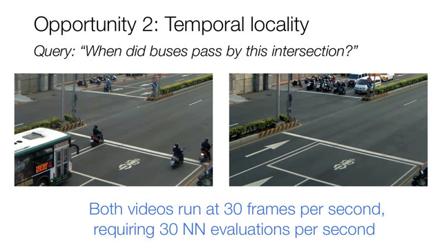Opportunity 2: Temporal locality
Both videos run at 30 frames per second,
requiring 30 NN evaluations per second
Query: “When did buses pass by this intersection?”
