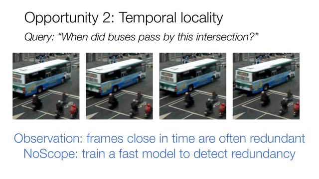 Opportunity 2: Temporal locality
Query: “When did buses pass by this intersection?”
Observation: frames close in time are often redundant
NoScope: train a fast model to detect redundancy
