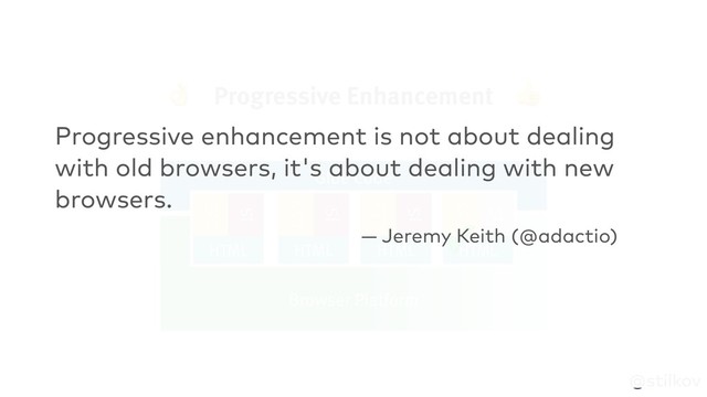 @stilkov
Component
Browser Platform
Component
Component Component
Glue Code
HTML
JS
CSS
HTML
JS
CSS
HTML
JS
CSS
HTML
JS
CSS
✓
 Progressive Enhancement 
Progressive enhancement is not about dealing
with old browsers, it's about dealing with new
browsers.
— Jeremy Keith (@adactio)
